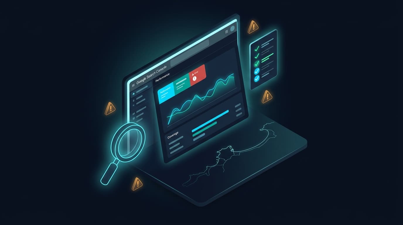 Pantalla de portátil con datos de Google Search Console sobre una web de Gijón, post-its de colores con anotaciones SEO sobre el teclado, fondo azul oscuro