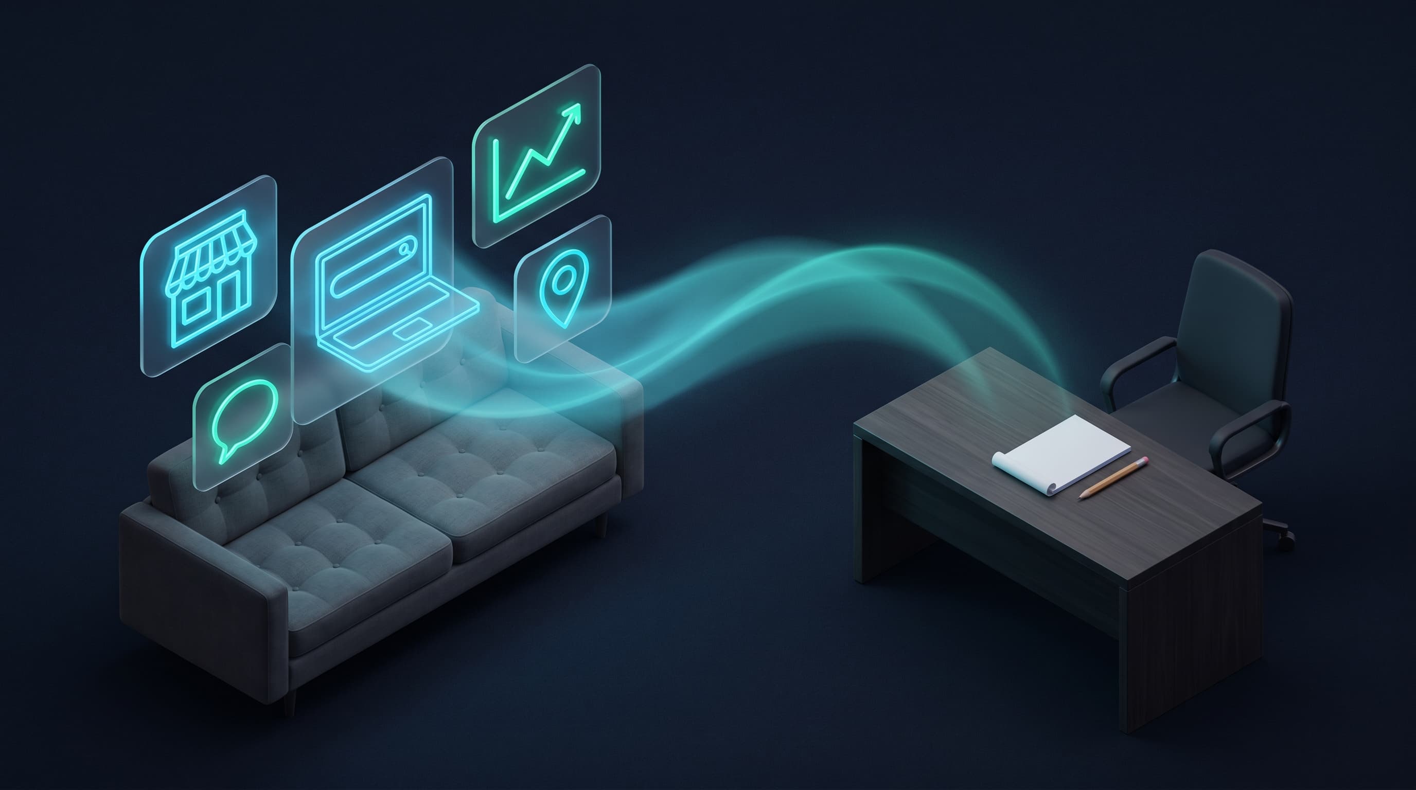 Ilustración editorial isométrica de un sofá de psicóloga con iconos de marketing digital flotando, conectados por un glow cyan a una mesa con bloc de notas y silla de consultor