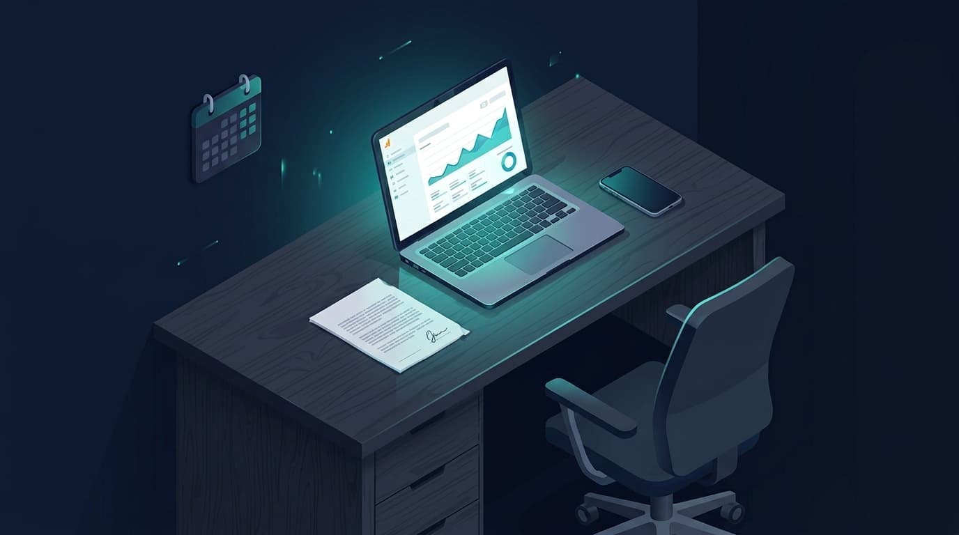 Reunión de trabajo tensa entre consultor y cliente, portátil con datos de Analytics en pantalla, ambiente oscuro con luz azul