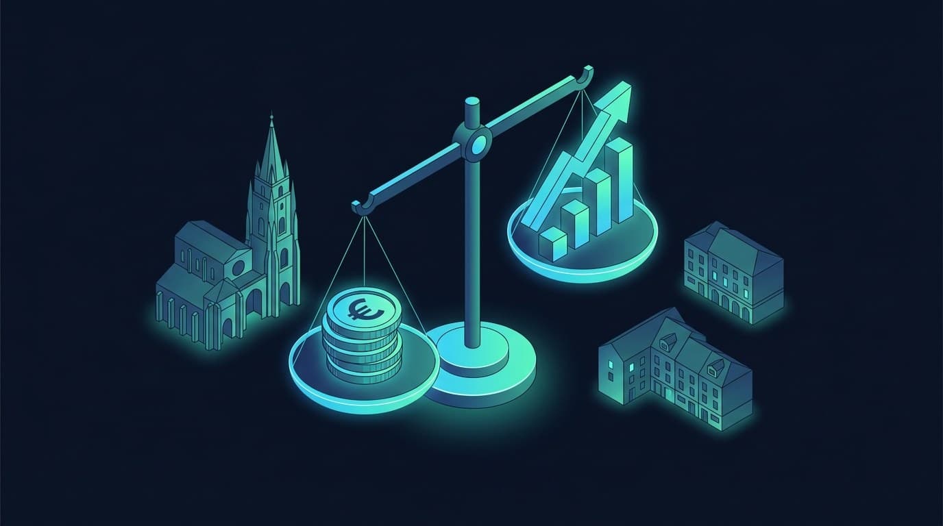 Ilustración isométrica dark navy de la ciudad de Oviedo con una balanza que pesa inversión SEO y crecimiento de tráfico orgánico en cyan