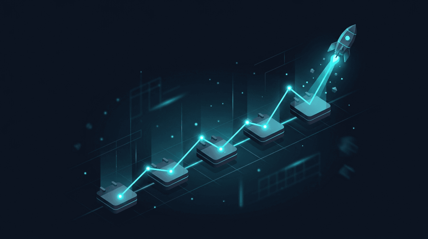 Ilustración isométrica dark navy con línea de tiempo ascendente y bloques de calendario flotantes representando la progresión del SEO mes a mes