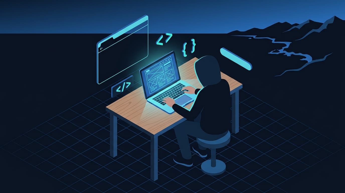 Ilustración isométrica dark navy de un diseñador web freelance con laptop frente al horizonte de Gijón en tonos cyan