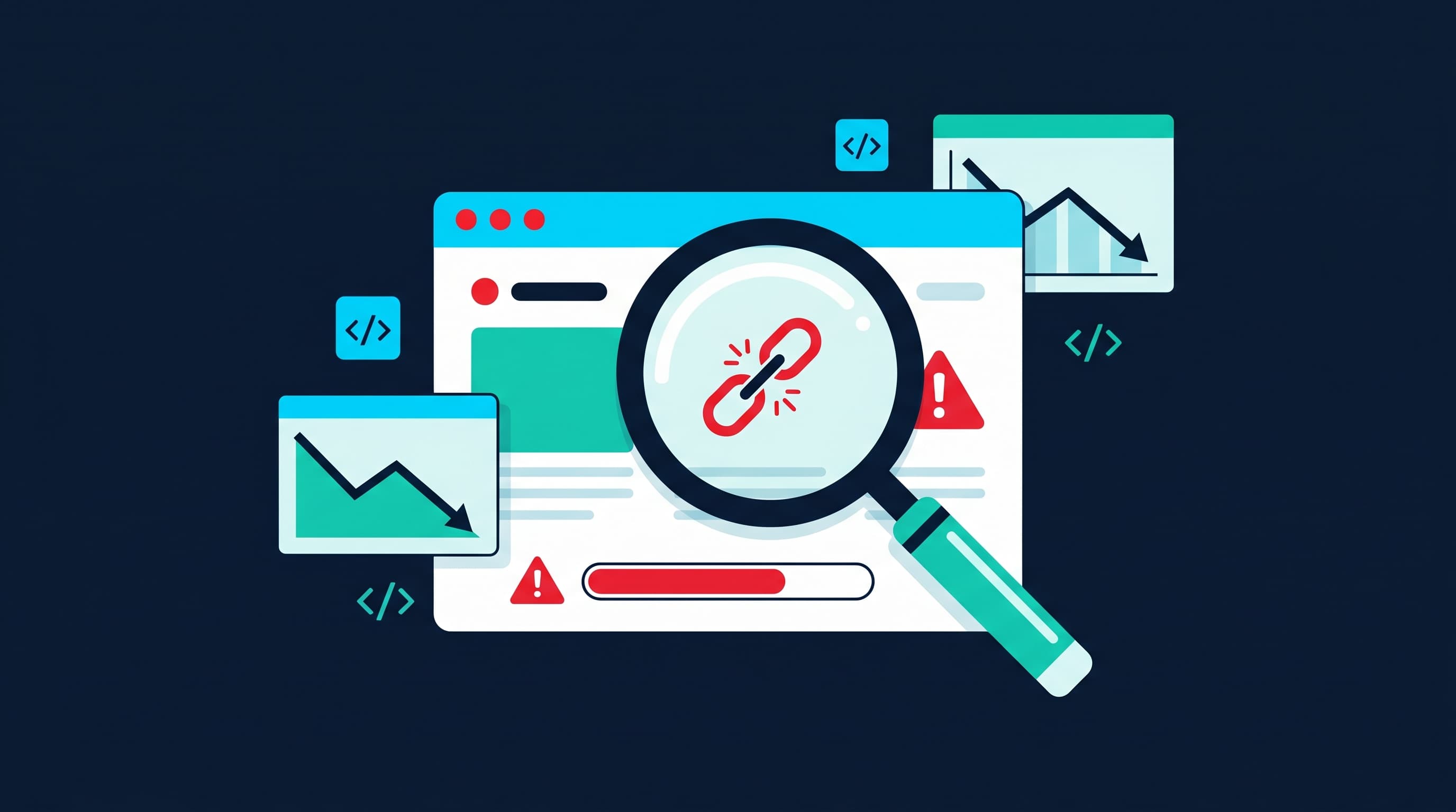 Auditoría SEO: lupa sobre una web con errores de indexación, 404, contenido duplicado y baja velocidad de carga