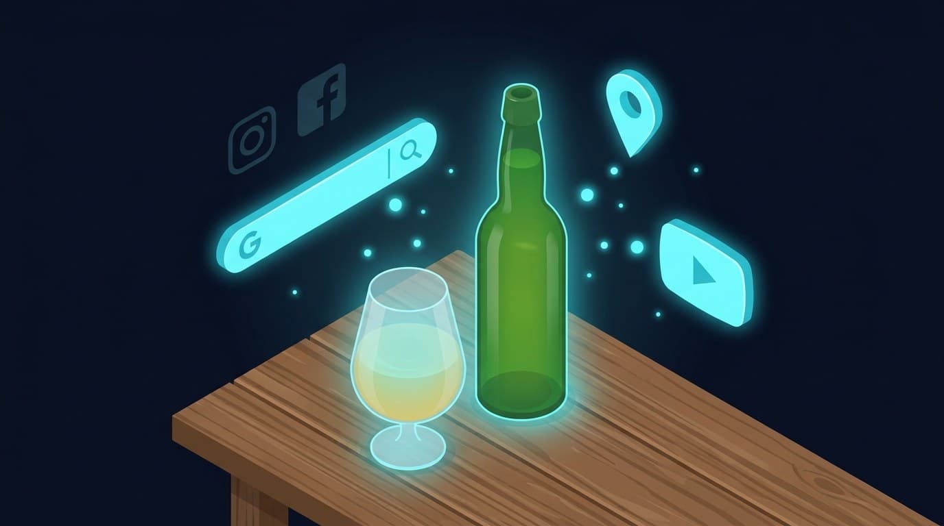 Ilustración isométrica con una botella de sidra asturiana y copa centradas, rodeadas de iconos cyan flotantes de Google Search, Google Maps y YouTube, con Instagram y Facebook desvanecidos al fondo, sobre fondo azul oscuro