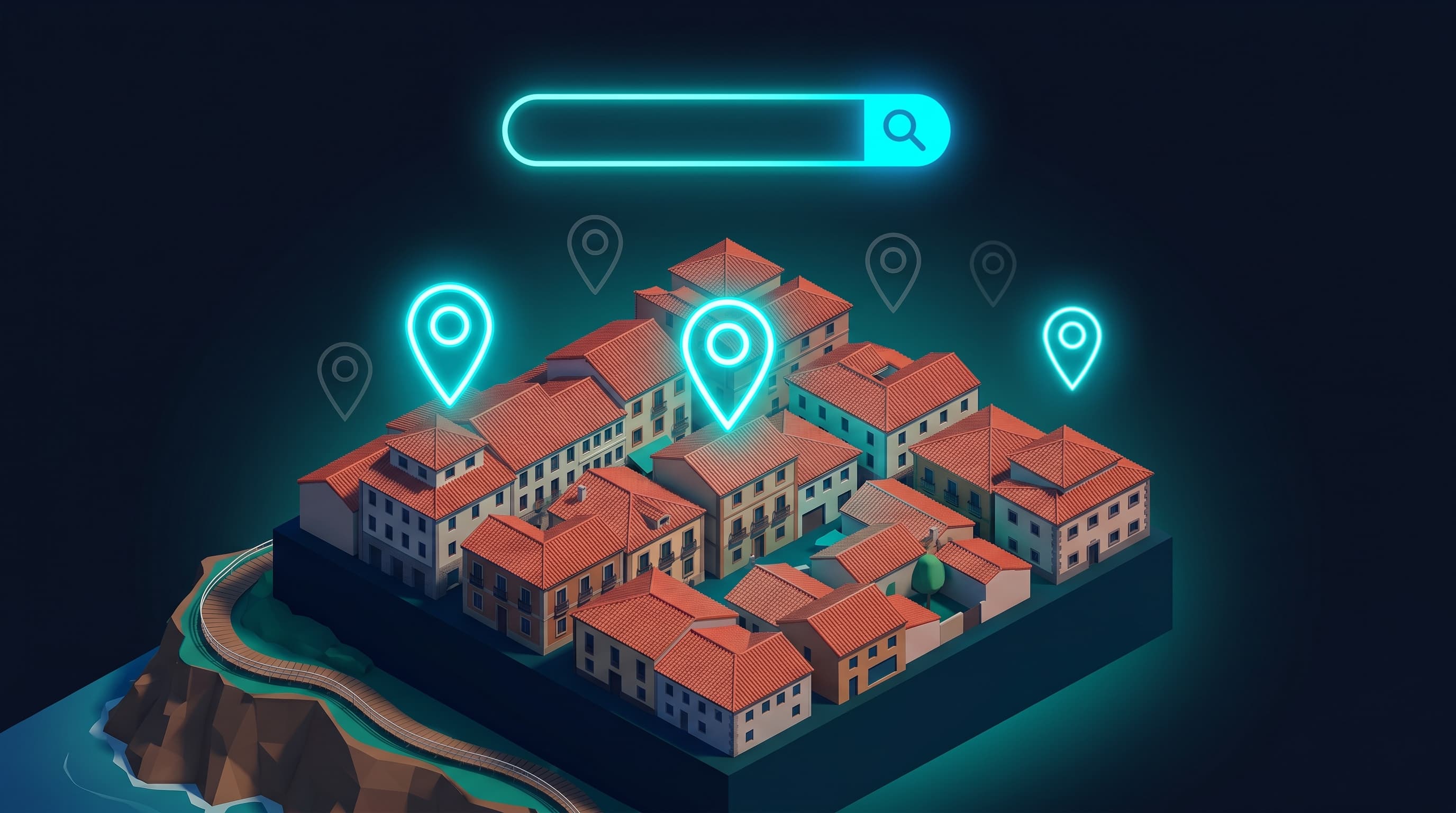 Ilustración isométrica del centro histórico de Gijón con casas de tejados rojos estilo Cimadevilla y pins de Google Maps flotando, algunos iluminados en cyan y una barra de búsqueda arriba, sobre fondo azul oscuro