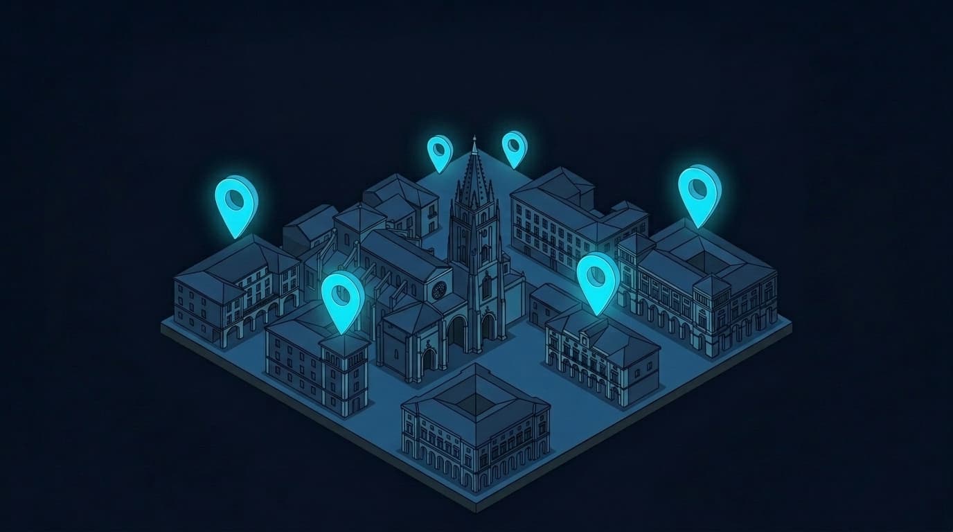 Ilustración isométrica dark navy de un mapa de Oviedo con iconos de negocios locales y señal de posicionamiento web en cyan