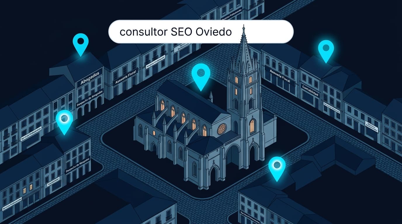 Ilustración isométrica del Casco Antiguo de Oviedo con la Catedral y calles de adoquín, pins de Google Maps flotando en cyan y barra de búsqueda, sobre fondo azul oscuro