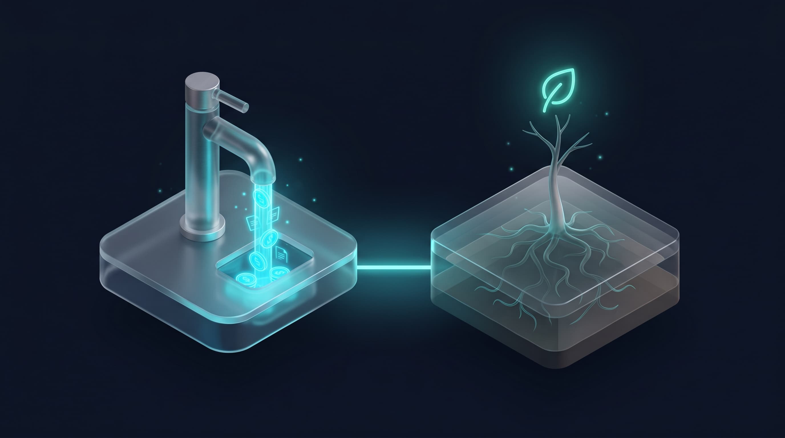 Ilustración isométrica de un grifo con agua cyan saliendo (Google Ads) junto a un árbol con raíces visibles (SEO), conectados por un haz de luz cyan sobre fondo azul oscuro