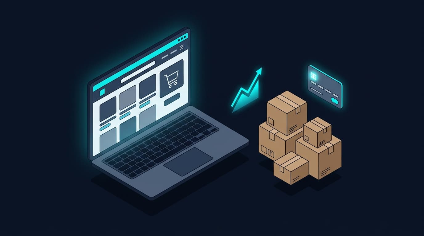 Ilustración isométrica dark navy de una tienda online con laptop, cajas de envío y gráfica de ventas en cyan