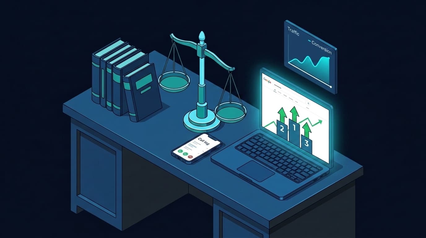 Ilustración isométrica dark navy de un portátil con Search Console en pantalla mostrando posiciones altas en Google y cero conversiones