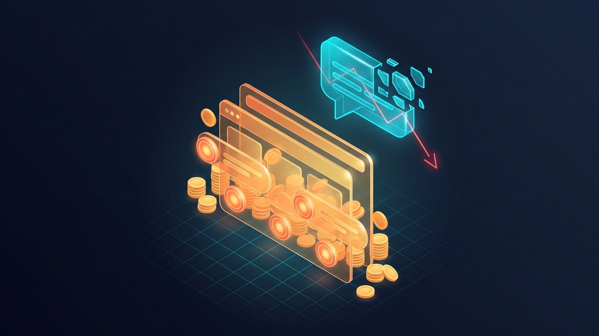 Ilustración isométrica de una web sobrecargada de botones de compra y monedas mientras una burbuja de chat de IA se desintegra y una flecha roja cae en picado