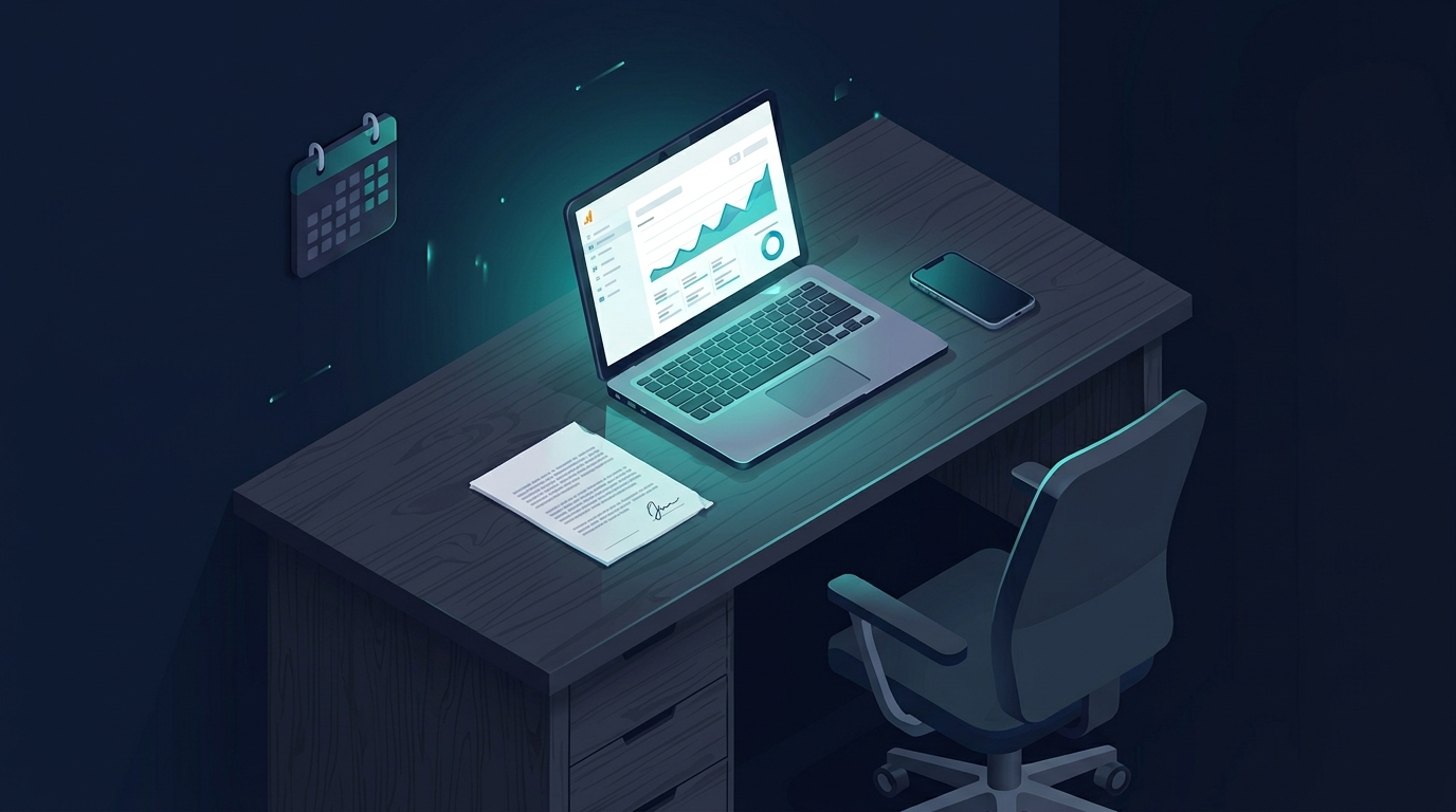 Reunión de trabajo tensa entre consultor y cliente, portátil con datos de Analytics en pantalla, ambiente oscuro con luz azul