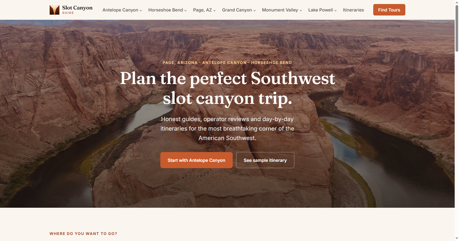 Portada de slotcanyonguide.com: hero de la guía con el titular "Plan the perfect Southwest slot canyon trip" sobre una foto del cañón